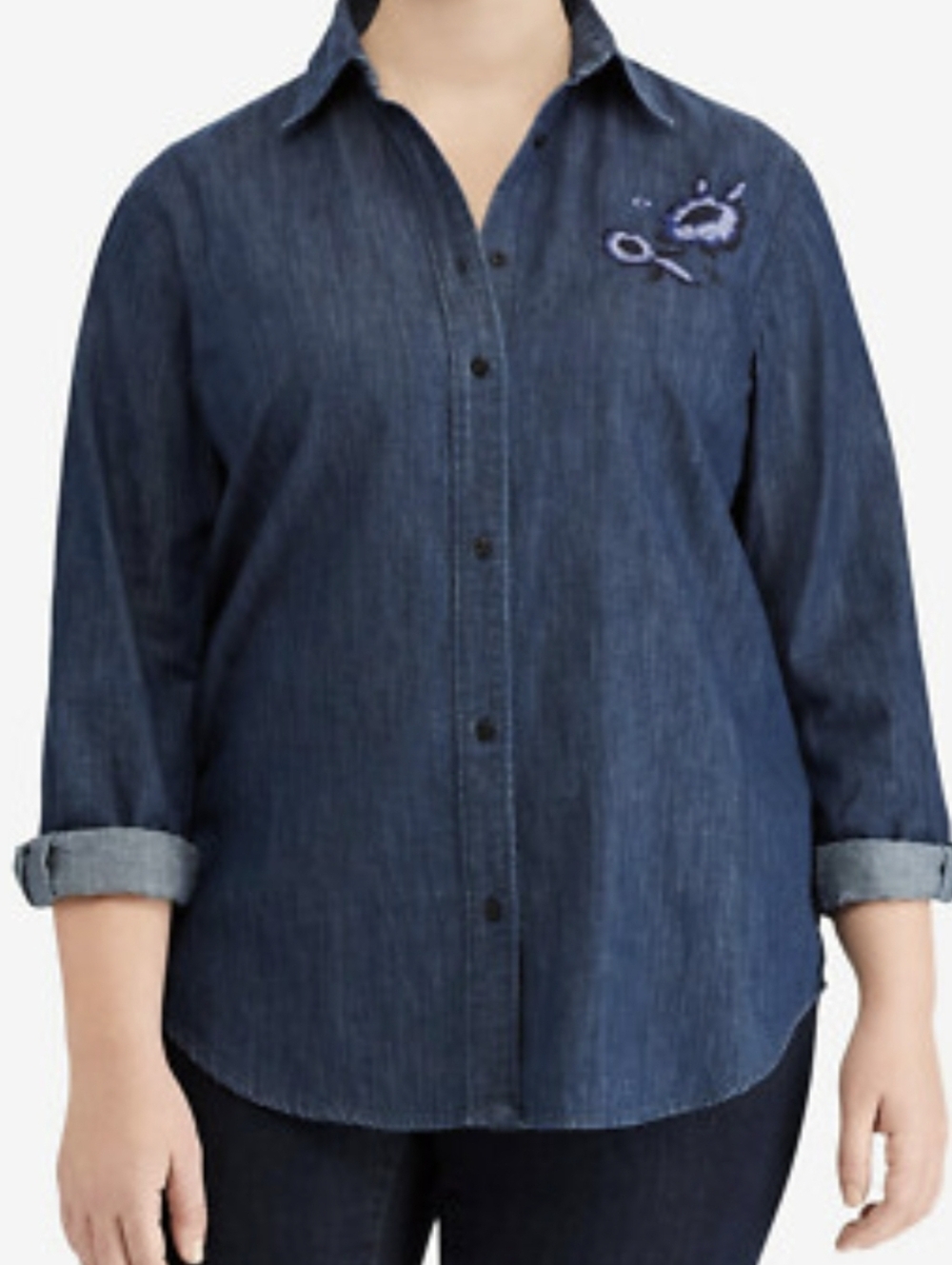 RALPH LAUREN Blue Cotton Denim Floral Embroidered Button Front Shirt Top XXL
